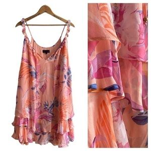 Hale Bob Melon Orange Floral Print Sleeveless Tiered Mini Dress